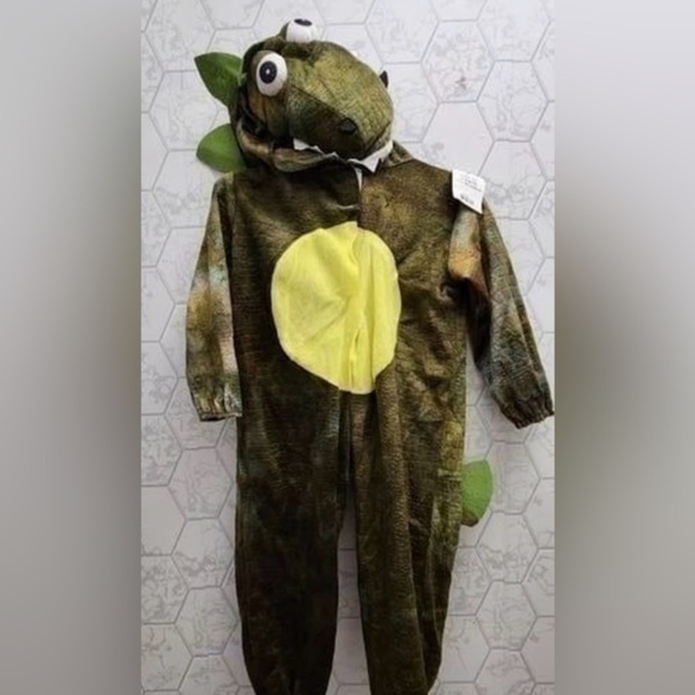 Kids Dinosaur Hooded Costume Romper in Olive Green with Yellow Belly